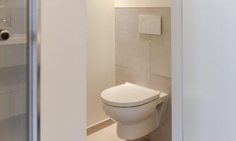 A modern bathroom with an elegant toilet. The room is bright and tastefully furnished.
