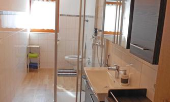 A modern bathroom with a shower and sink. The space is designed to be bright and welcoming, featuring a wooden floor and a colorful rug.