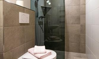 A modern bathroom with a glass shower and a white toilet. Towels are neatly arranged on the toilet, and the room has a bright wooden ceiling.