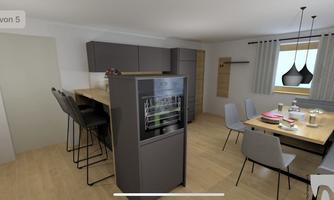Modern kitchen with a dining area and elegant furniture. The space is bright and friendly designed.