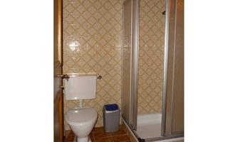 A small bathroom with a shower and a toilet. The walls are decorated with yellow tiles in a pattern.