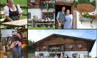 A traditional inn in the mountains with guests dining outside. The collage also features friendly hostesses and hosts in traditional costumes.