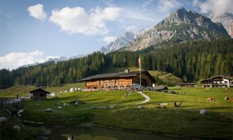 An idyllic landscape with a wooden house surrounded by green meadows and mountains. In the background, forests and a blue sky can be seen.
