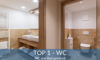 A modern bathroom with a separate toilet. The furnishings are elegant and functional, with bright tiles and wooden accents.