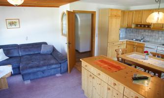 A cozy apartment with a blue couch and an open kitchen. The space features wooden furniture and plenty of daylight.