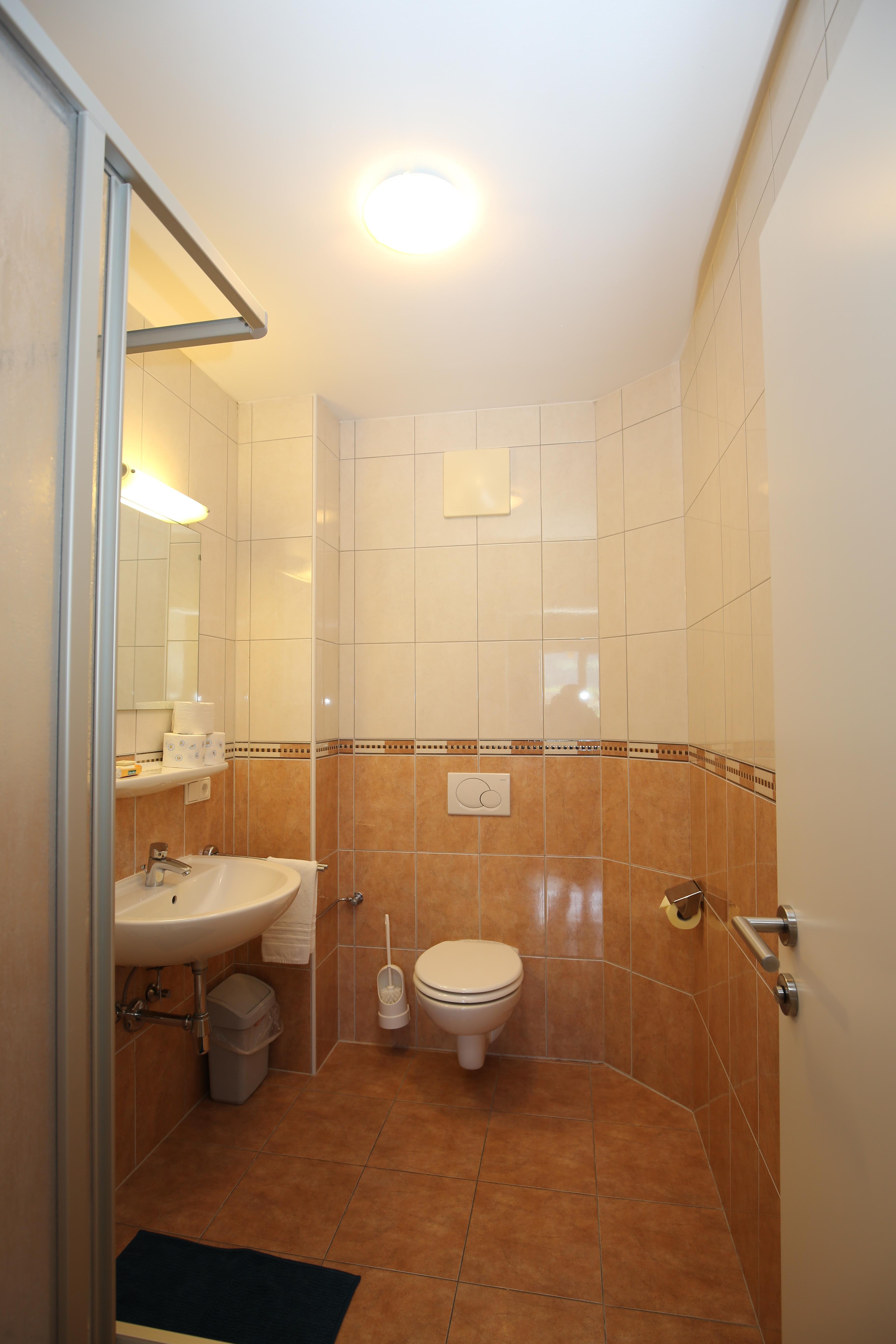A modern bathroom with a shower, a sink, and a toilet. The walls are light-tiled, and the floor is in warm tones.