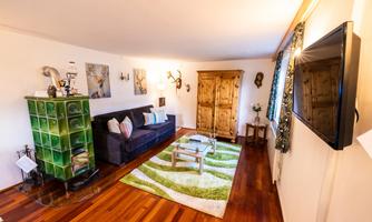 A cozy living room with a dark blue sofa, colorful cushions, and a green shelf. The floor is wooden, and a rug with green and white stripes creates an inviting atmosphere.