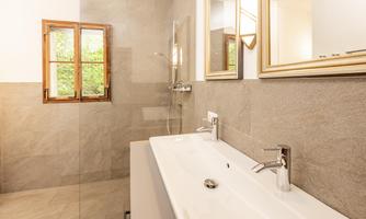 A modern bathroom with a large shower and an elegant sink.  
Bright walls and windows ensure plenty of light.
