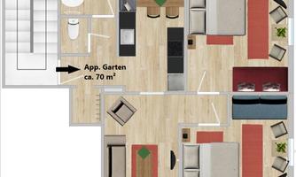 A schematic representation of an apartment with two bedrooms, a bathroom, and a living room. The area is approximately 70 m² and leads to a garden.