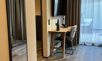 A modern room with wooden floors and large windows. There is a desk, a television, and a mirror on the wall.