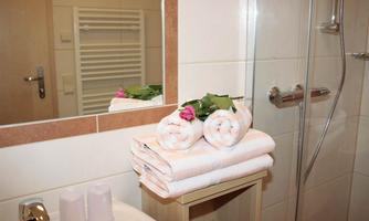 A modern bathroom with fresh towels and a shower. On the shelf are roses and green leaves.