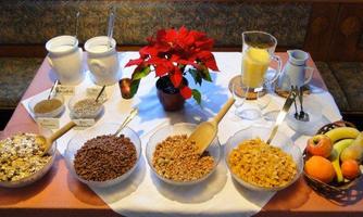 A lovingly set breakfast table with various cereals in bowls. In the center is a reddish poinsettia and fresh fruit.