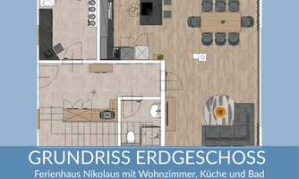 Floor plan of the ground floor of a holiday home. The design includes a living room, kitchen, and bathroom, as well as a dining area.