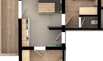 A floor plan of a living space with two bedrooms, a bathroom, and a kitchen. The furniture is simply arranged, including tables and beds.