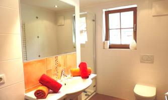 A modern bathroom with a shower, a sink, and a toilet. Red towels are neatly placed on the sink.