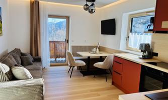 Modern apartment with a cozy living area and a small kitchen. Large windows offer a view of the mountains.