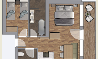 A modernly designed floor plan sketch of an apartment. The rooms are clearly arranged and include a bedroom, bathroom, and a living area.