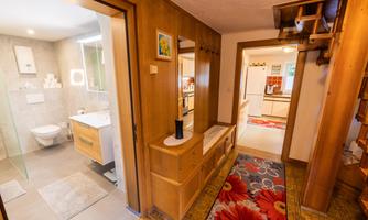An inviting hallway with wooden furniture and a colorful rug. On the left side, there is a modern bathroom with a shower and bathtub.