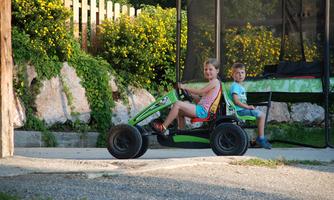Two children are sitting on a green go-kart. In the background, flowers and a trampoline are visible.
