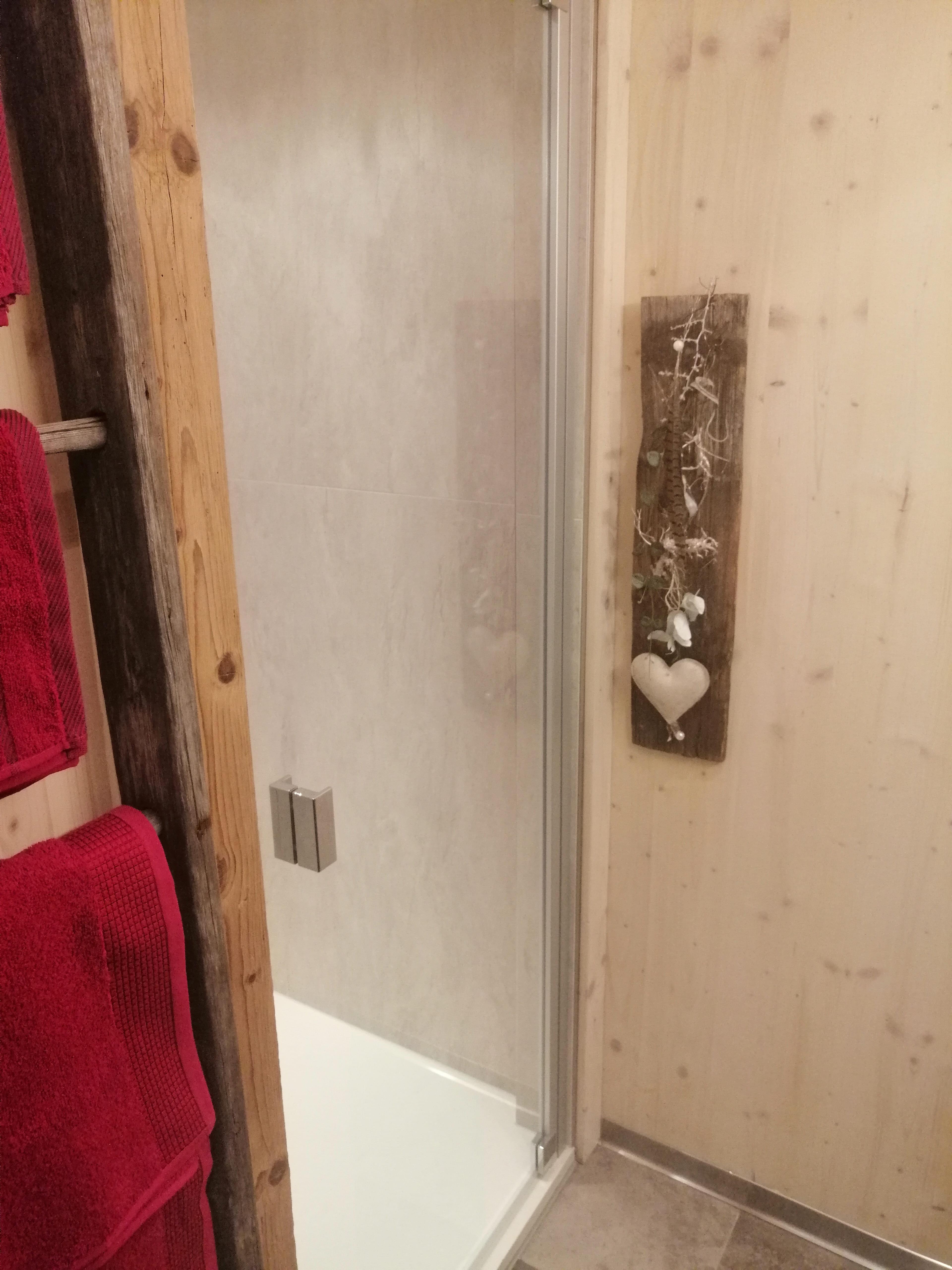 A modern bathroom with a shower cabin and wooden decoration on the wall. Red towels hang next to the shower.