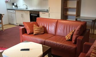 A cozy living room with two red sofas and a coffee table. The kitchen is visible in the background and there is a wooden shelf.