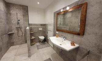 A modern bathroom with a spacious shower, a sink, and a toilet. The walls are in neutral gray tones, and there is a wooden framed mirror.