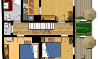A clear layout of an apartment with two bedrooms, a living room, and a kitchen. Outside, there is a terrace with tables, chairs, and umbrellas.