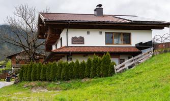 A cozy house in Alpine style, surrounded by green lawn and trees. The architecture features traditional elements with a modern touch.