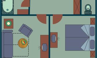 A simple floor plan drawing of an apartment. It shows various rooms like the living room, the kitchen, the bedroom, and an outdoor area with a sun umbrella.