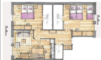 A floor plan sketch of an apartment with two bedrooms and an open living area. There is a balcony and a simply designed decor.