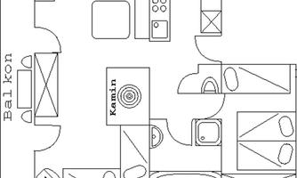 A simple floor plan drawing of an apartment. The rooms include a bathroom, a kitchen, and a living room with a fireplace.