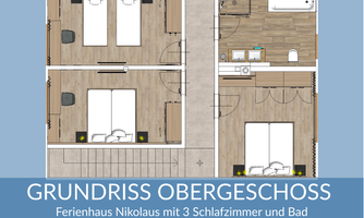The floor plan of the upper floor shows a holiday home with three bedrooms and a bathroom. The rooms are functionally designed and provide space for several guests.