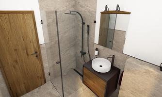 A modern bathroom with a glass shower and an elegant sink. The walls are in neutral colors, and there is a touch of wood from the door and the vanity cabinet.