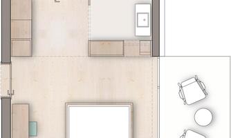 A schematic representation of a room with a bed, a table, and two chairs. The room also includes a bathroom and a small cooking facility.