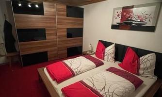 A cozy bedroom with a double bed and red pillows. On the wall, there is a modern picture and the floor is covered with a red carpet.