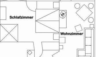 The floor plan shows a simple apartment with one bedroom, living room, kitchen, and a bathroom. All rooms are clearly arranged and labeled.