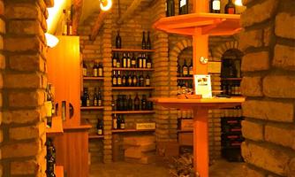 A cozy wine cellar with stone walls and wooden shelves. The walls are filled with wine bottles, and in the center stands a round table.