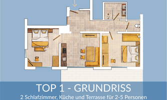 The floor plan shows an apartment with two bedrooms, a kitchen, and a terrace. The accommodation is suitable for 2 to 5 people.
