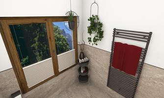 A modern bathroom with a large window that offers a view of the greenery. On the wall hangs a towel rack with a red towel.