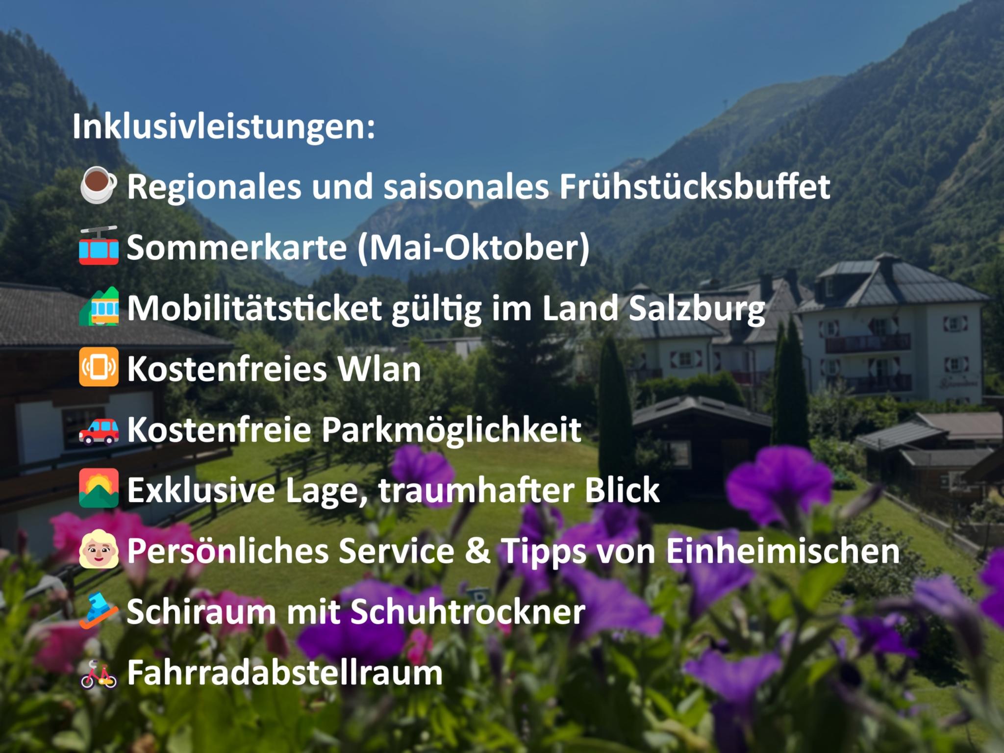 A picturesque Alpine landscape with green hills and traditional buildings. The list describes the included services of a vacation package.