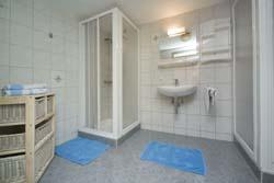 A modern bathroom with a shower and a sink. There are two blue rugs on the floor.