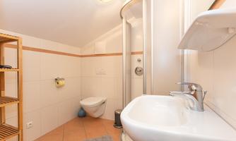 A modern bathroom with a shower and a sink. The walls are tiled and there is a wooden shelf for toiletries.