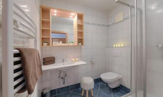 A modern bathroom with blue tiles and bright lighting. There is a shower, a sink, and a toilet, as well as decorative elements.