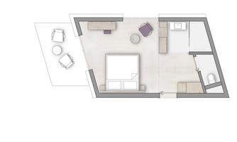 A modern living space layout with a living room, bedroom, and a kitchenette. There is also a small area with outdoor seating.