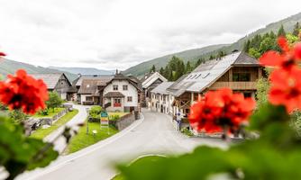 A picturesque village with traditional houses and green hills in the background. Red blooming flowers frame the scene.