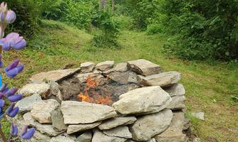 A fire pit made of stones in a green environment. In the background, trees and bushes can be seen.