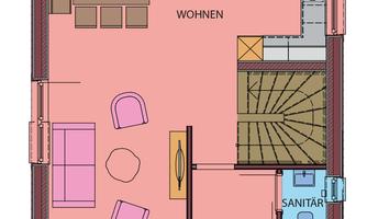An apartment layout with a large living area and a bathroom. The furniture is simply and functionally arranged.