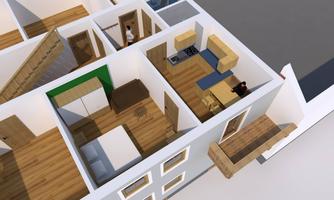 An overview of a modern living space with kitchen, living room, and bedroom. The floor is made of wood, and the rooms are bright and open designed.