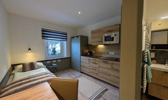 A modern room with a small kitchen area and a single bed. The decor is functional and cozy with warm wooden tones.