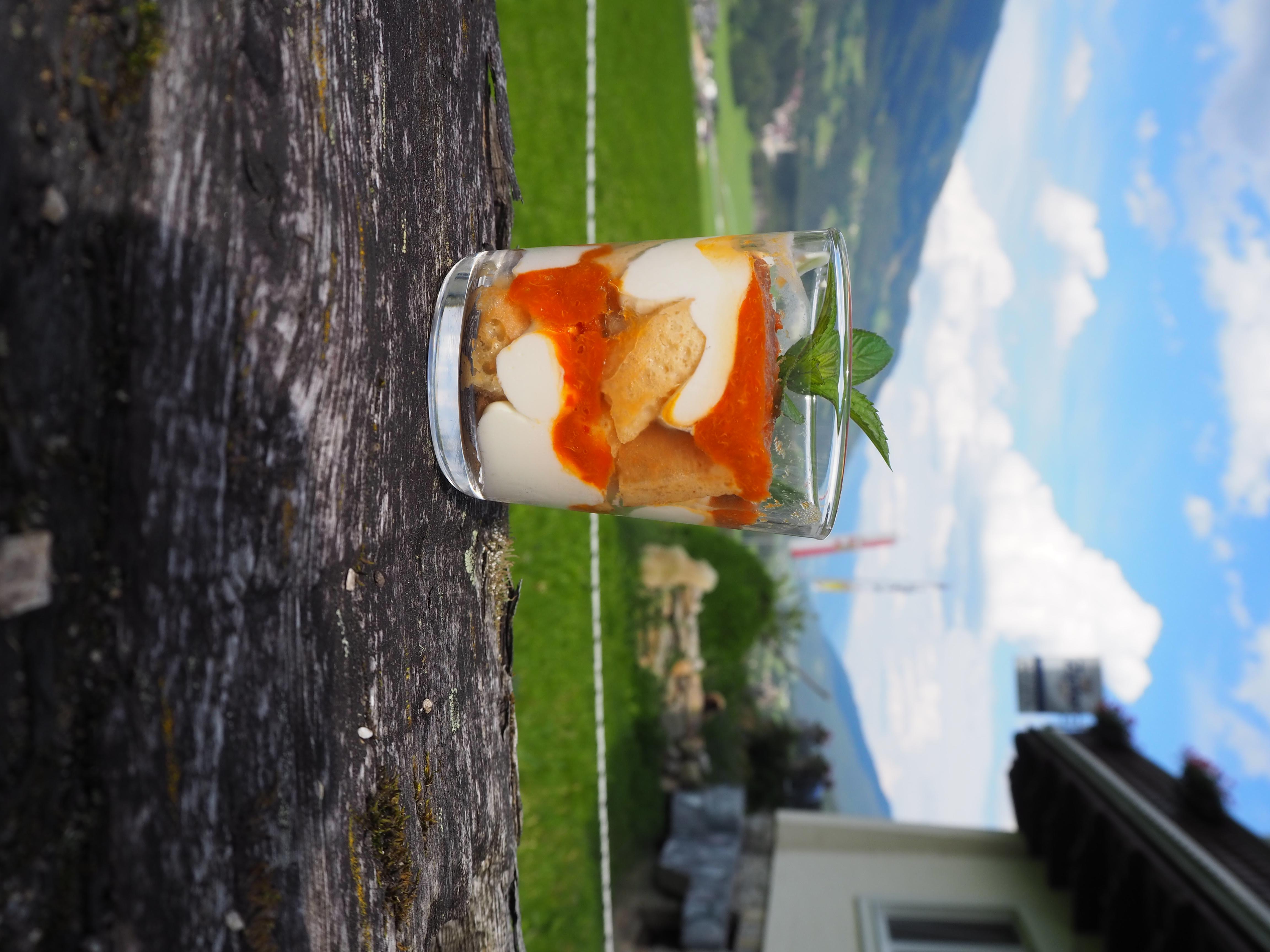 A glass dessert with layers of yogurt, cookies, and a fruit sauce. In the background, green meadows and mountains are visible.